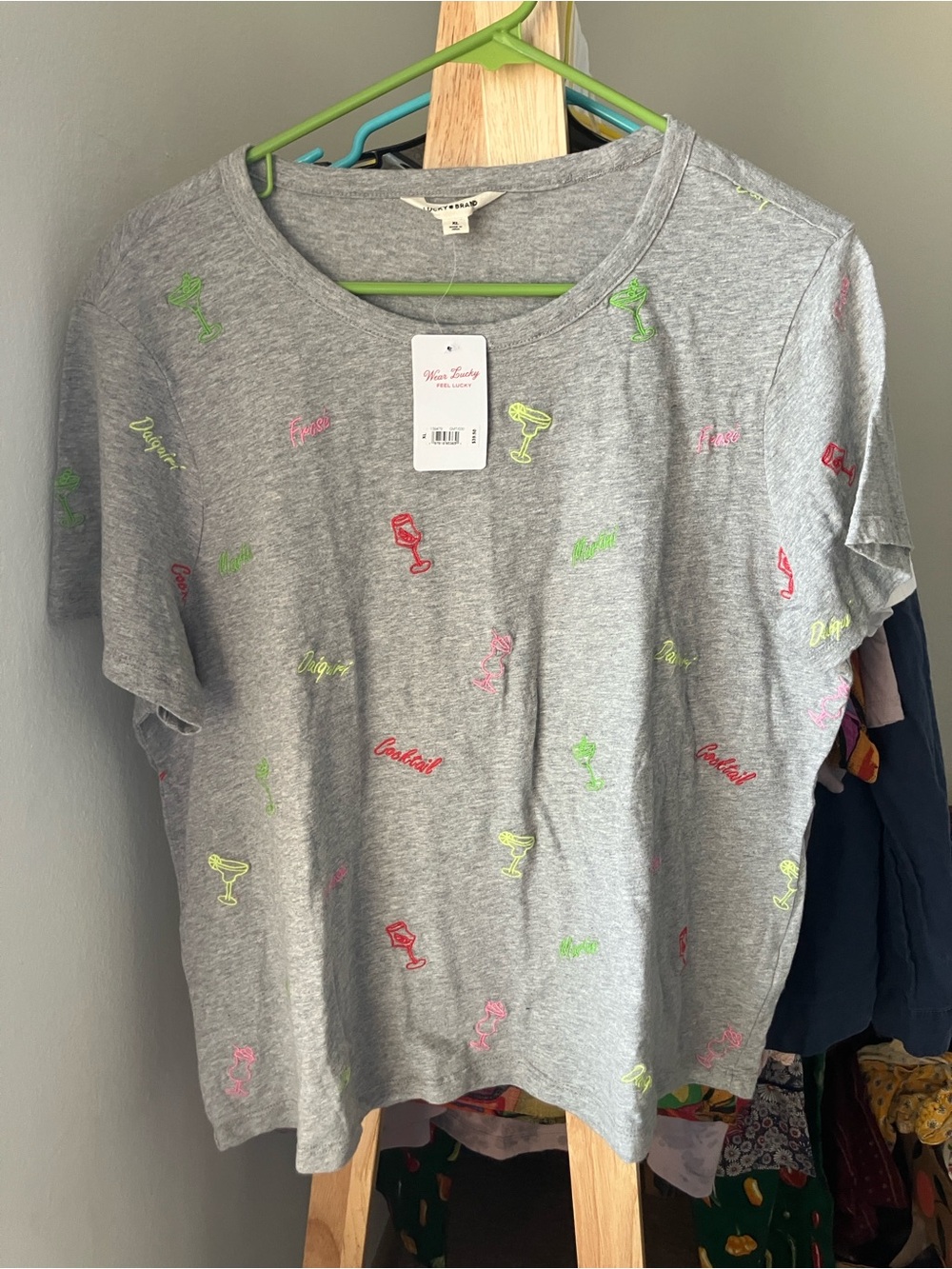 NWT Lucky Brand Heather Gray Short Sleeve Tee with Neon Cocktail Embroidery